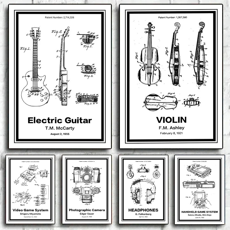 Musical Instrument Video - Poster con brevetti di strumenti musicali,